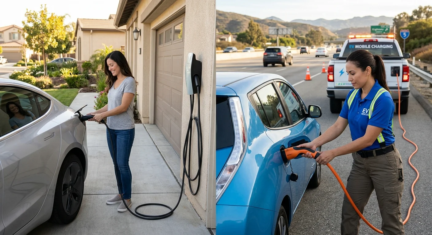 Split view of an EV on a home wall charger and another EV stopped on a Southern California freeway shoulder