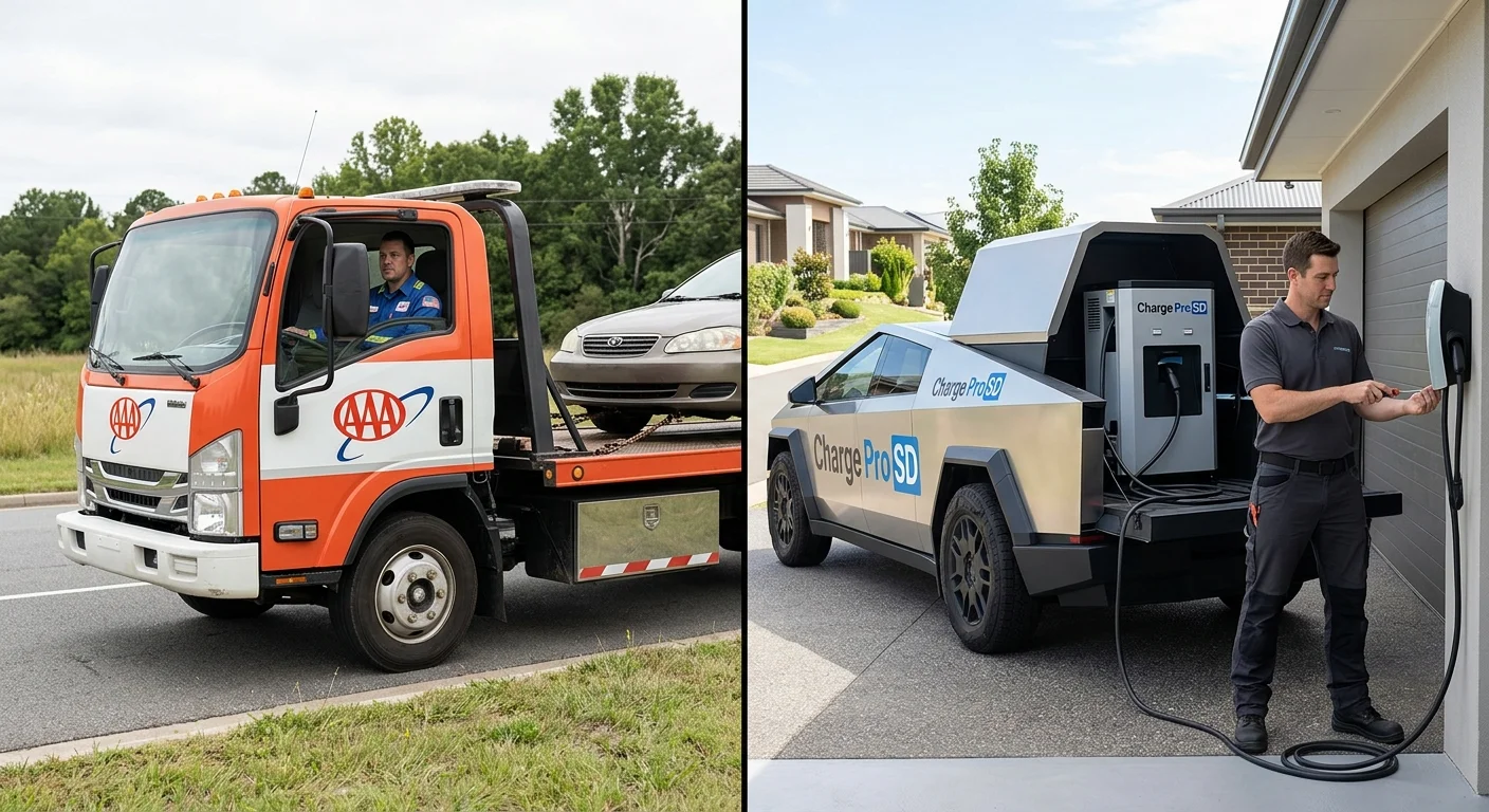 Split view of a white tow truck and a compact van with charging cables on a sunny suburban street