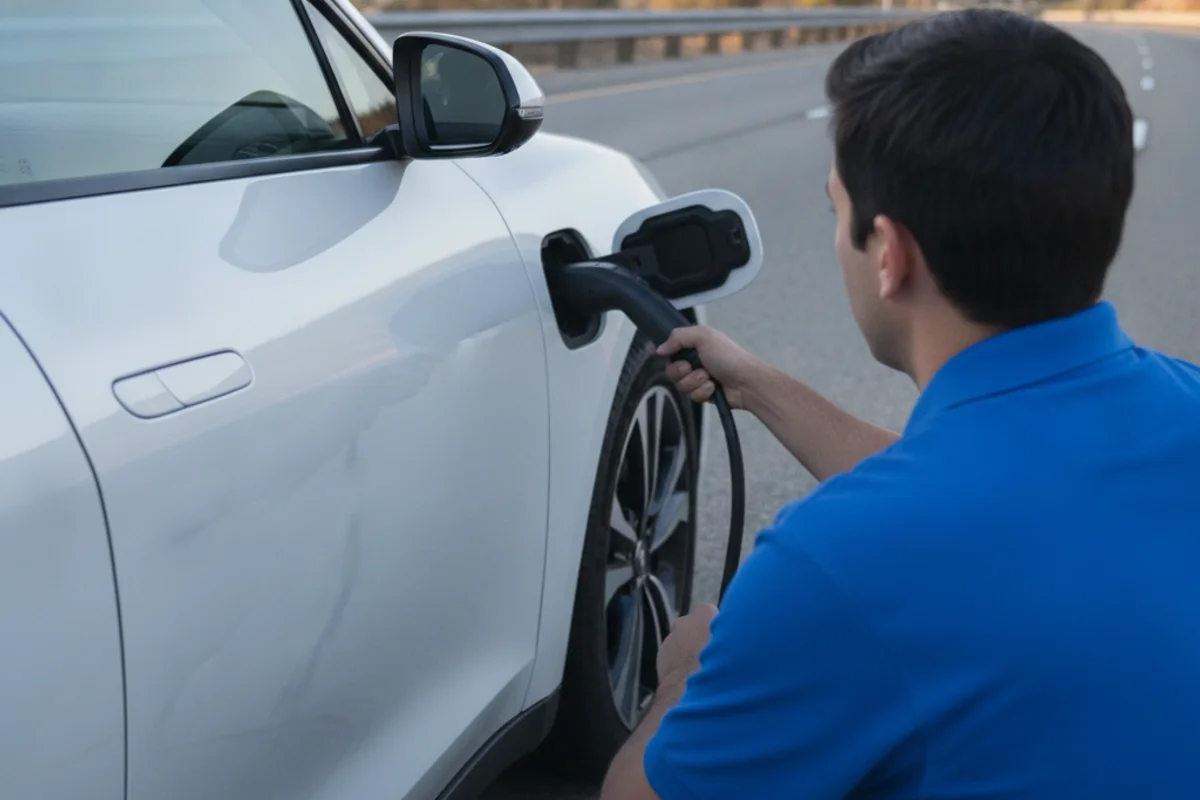 A technician kneeling at an EV charge port on a freeway shoulder, plugging in a connector