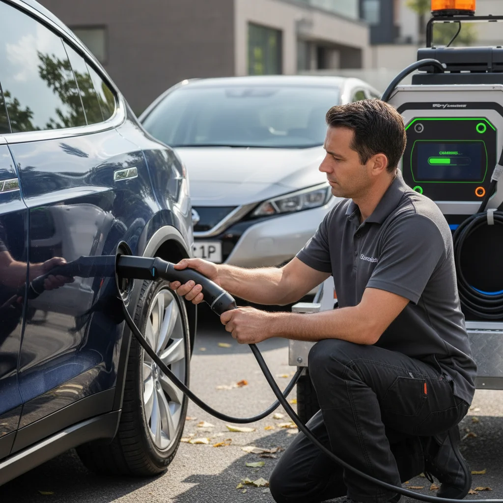 Mobile charging van at the curb with a cable plugged into an EV under overcast Southern California light
