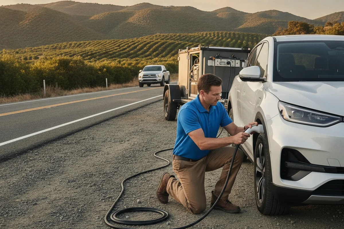 A technician connecting a portable charge cable to an electric SUV on a rural canyon shoulder
