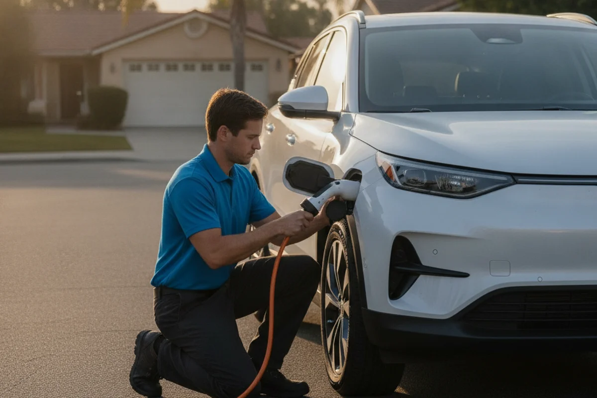 A roadside technician kneeling beside an electric crossover on a suburban street, connecting a portable charging cable.