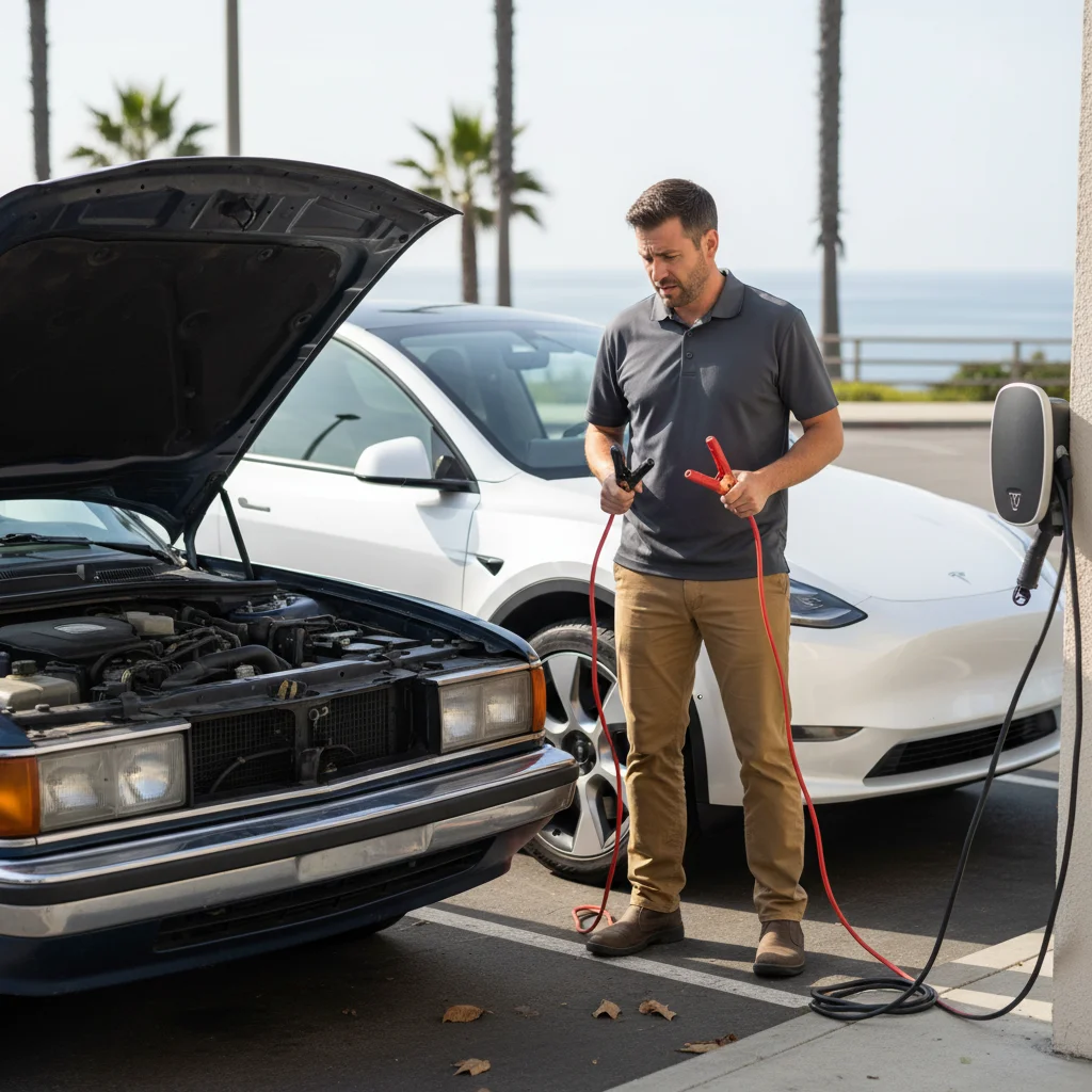 Tesla driver holding jumper cables beside a gas car with its hood open on a Southern California freeway shoulder