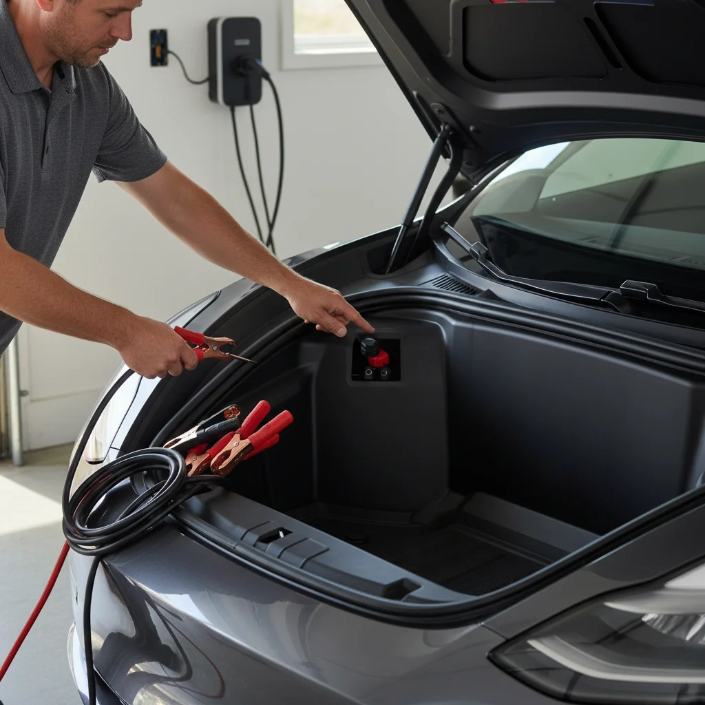 Tesla 12-volt jump posts in an open frunk next to a pair of jumper cables