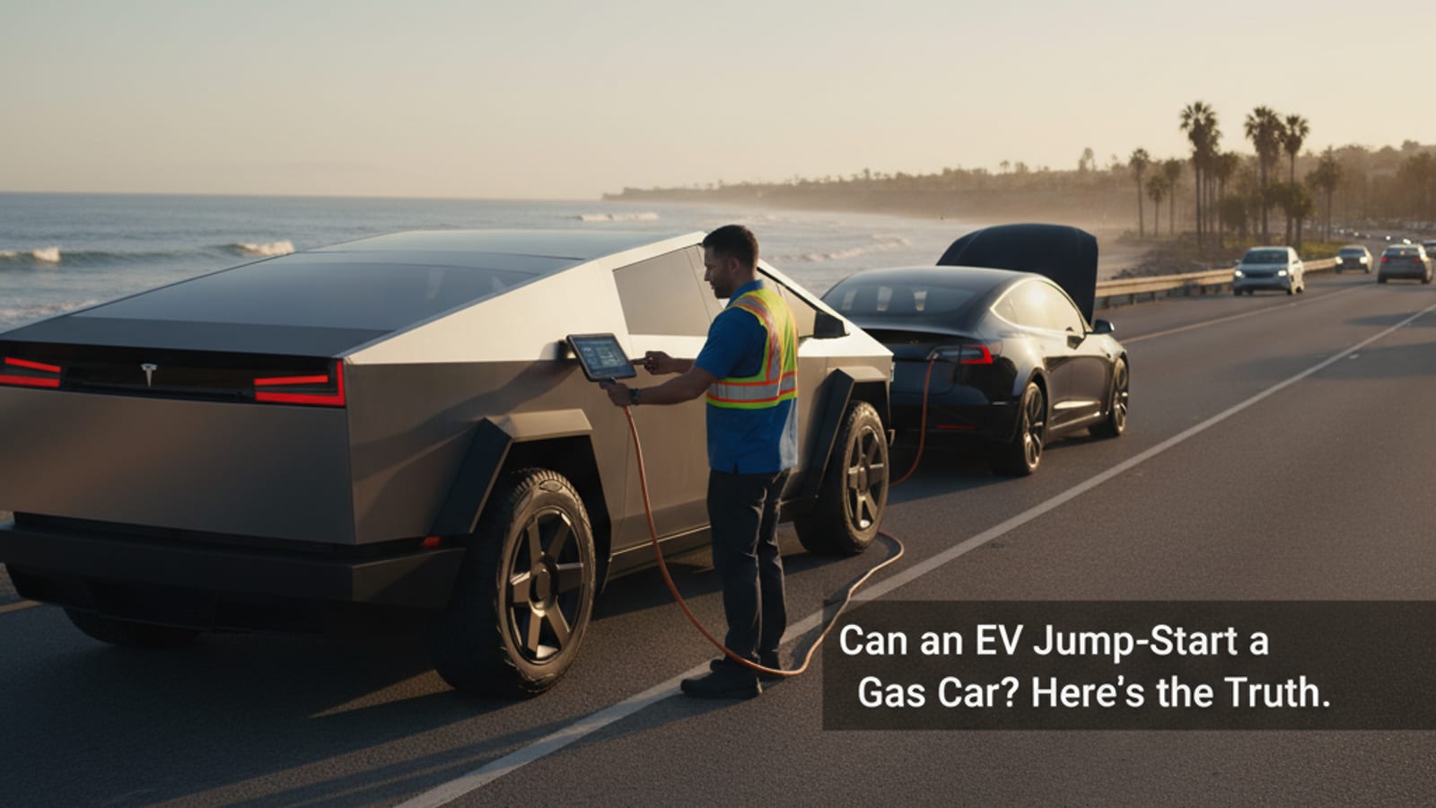 Jumper cables between an electric car and a gas sedan on a dry Southern California freeway shoulder