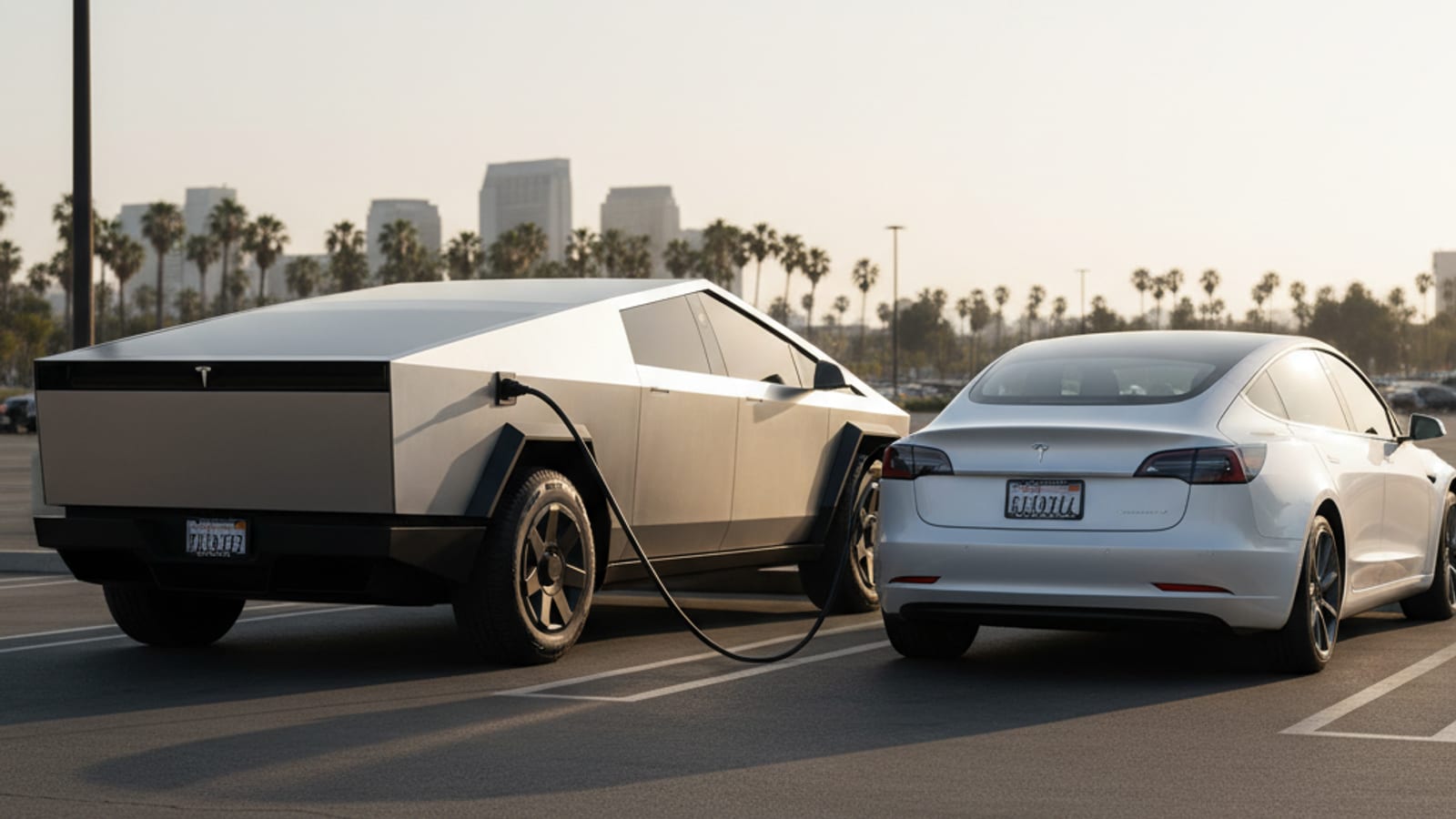 Two electric cars parked side by side on a sunlit Southern California street, charge ports facing the curb