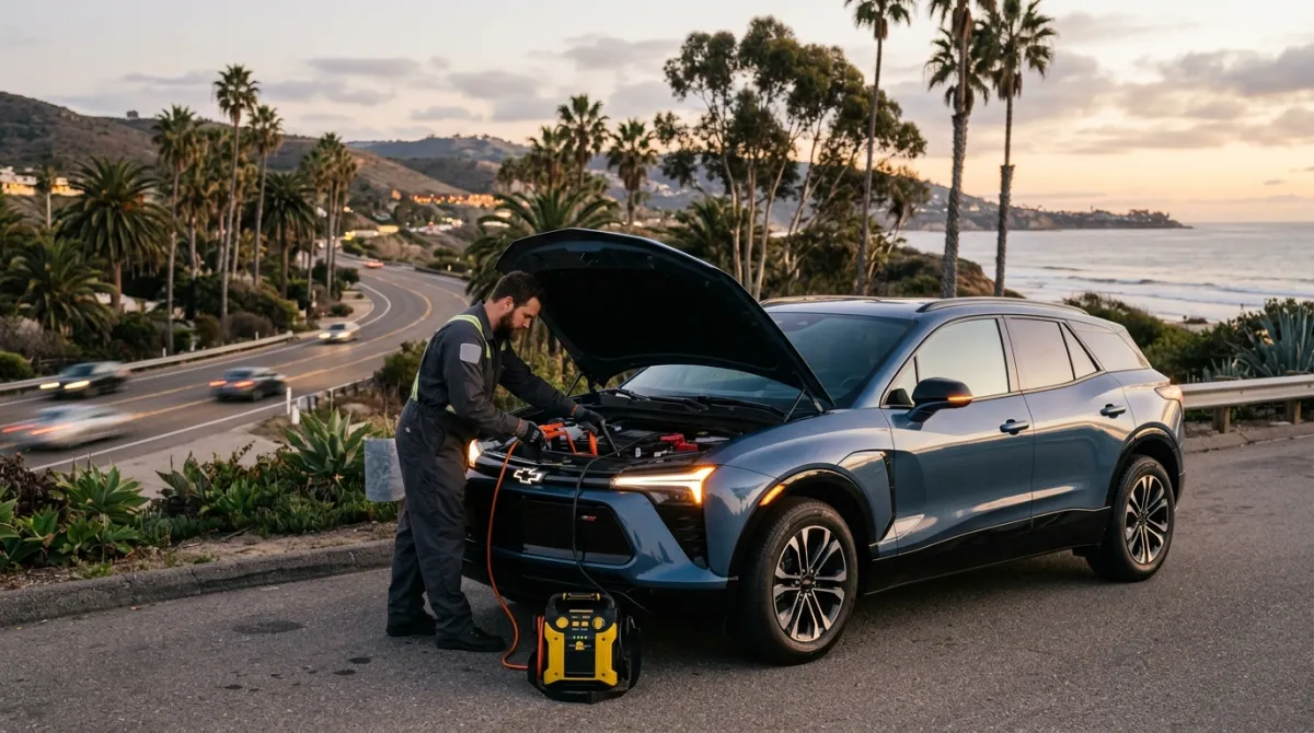 Mobile rescue van beside a dark Chevy Blazer EV in a sunny Southern California parking lot