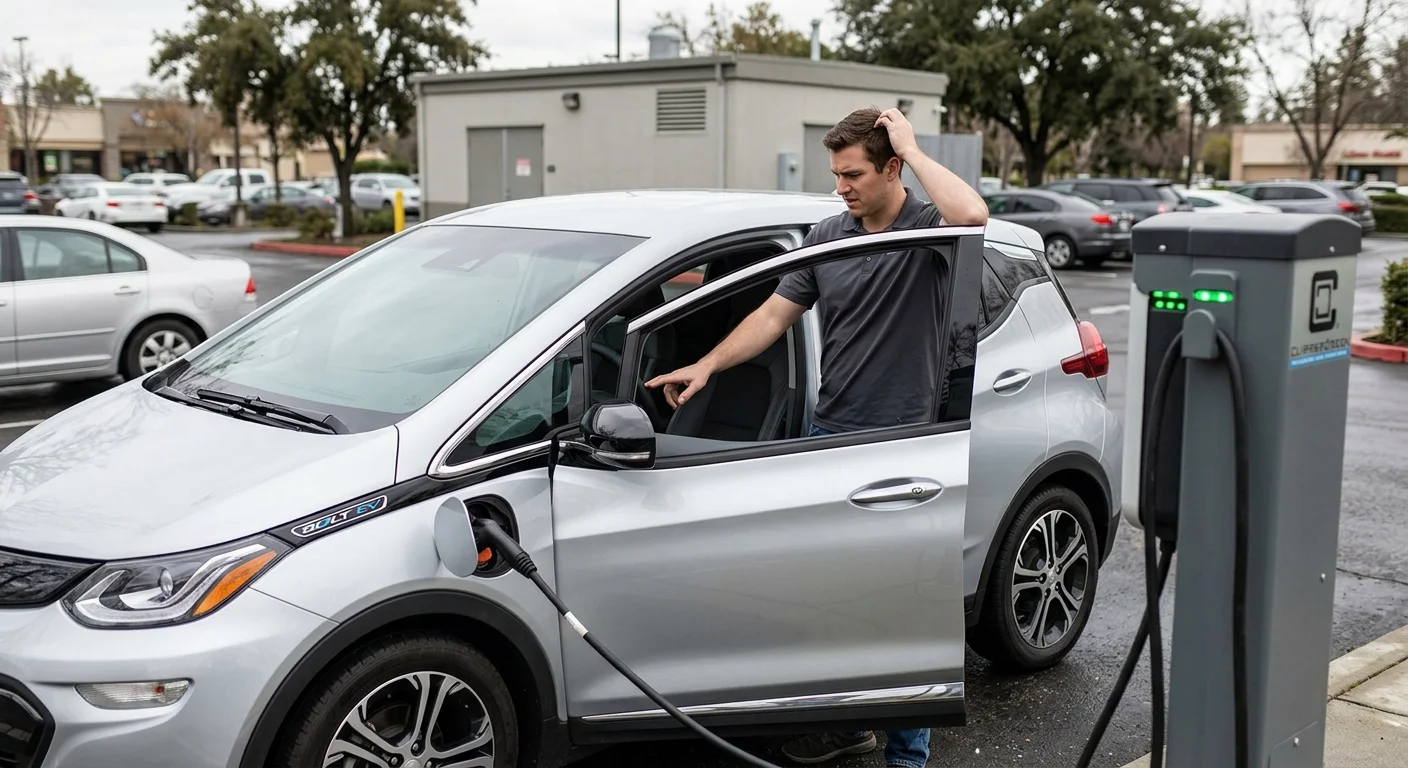 Driver in a compact hatchback EV staring at a public charger screen that never starts a session.