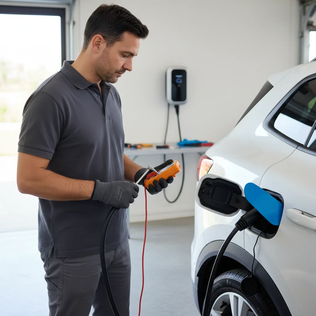 A compact electric crossover at a shared apartment Level 2 stall, cable seated, dash showing a charge fault.