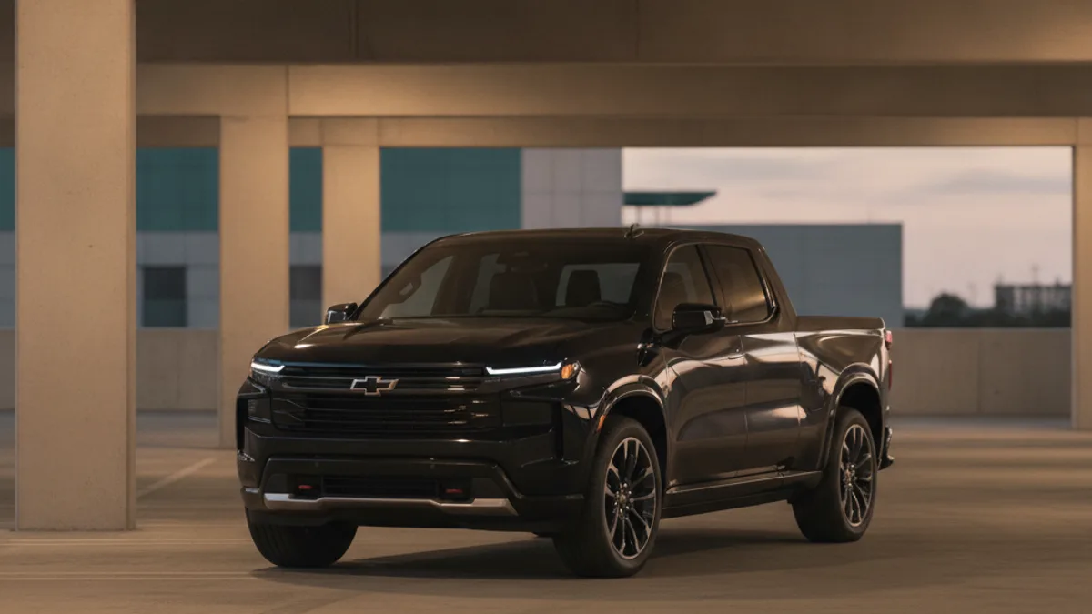 Chevy Silverado EV parked at a dusk job site with a dark cabin and unlit dash