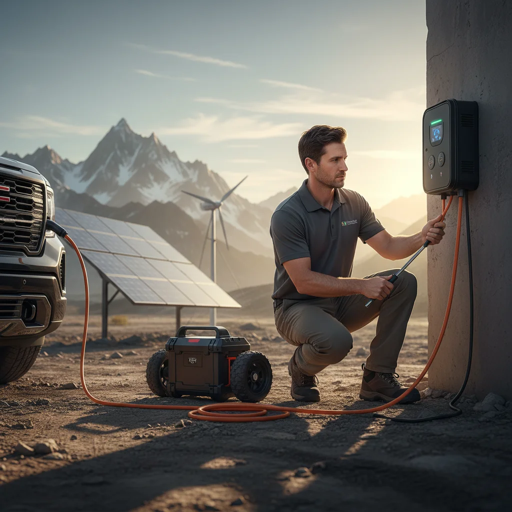 A technician connecting a portable charger to a stalled electric delivery van on a suburban street