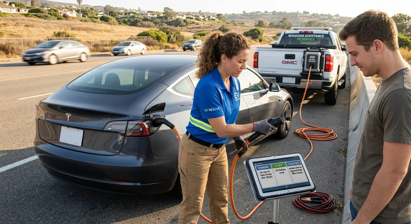 Stranded electric car on a paved shoulder while the driver reads a dark dashboard