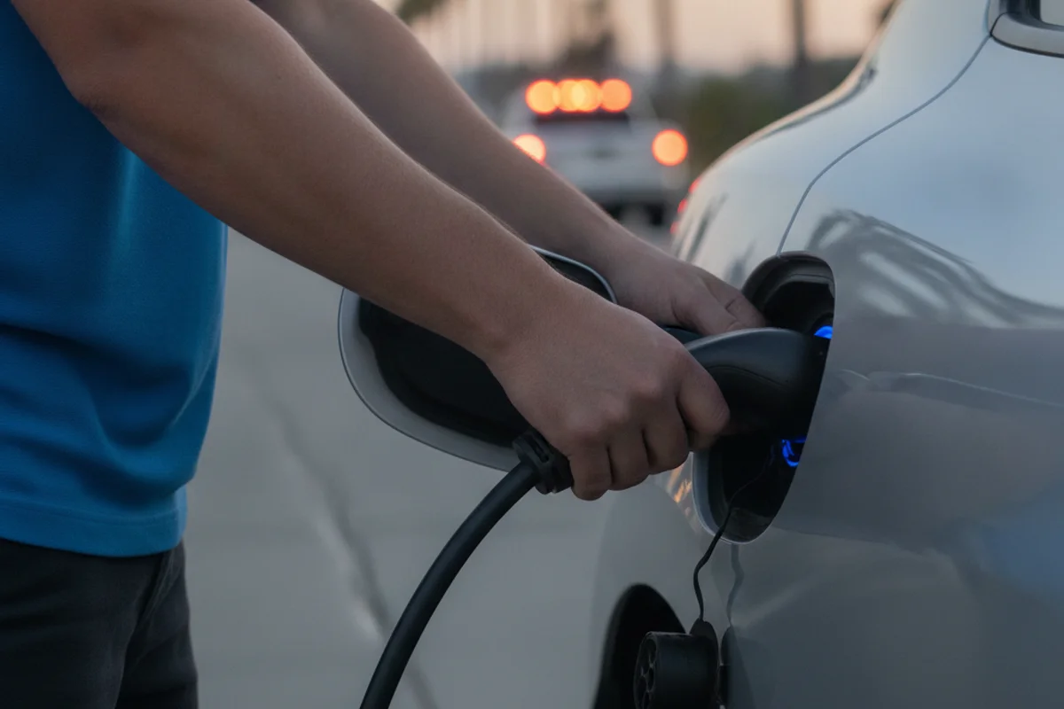 Close-up of a technician seating a charging connector into an electric car charge port at dusk