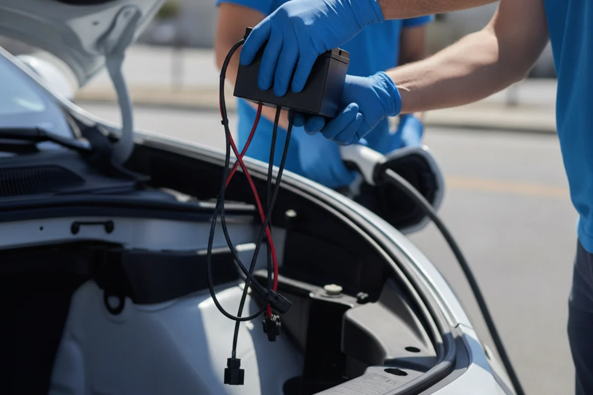 Gloved hands lift a compact 12-volt battery from the open front trunk of an electric car.
