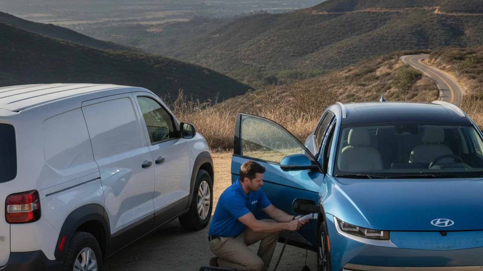 An electric car on a Southern California road between coastal flats and inland hills