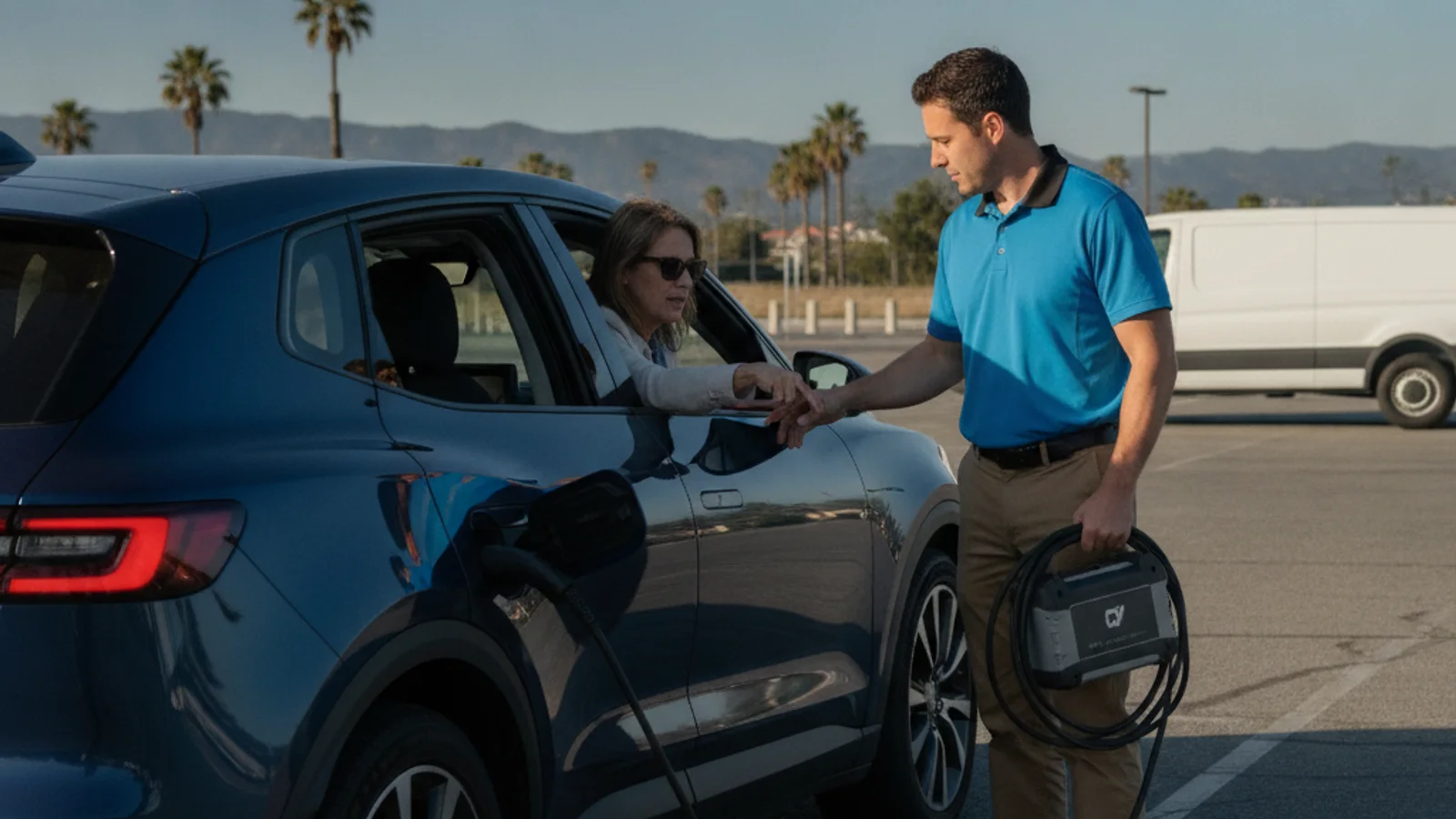 An electric car parked on a sunlit Southern California shoulder with dry hills behind it