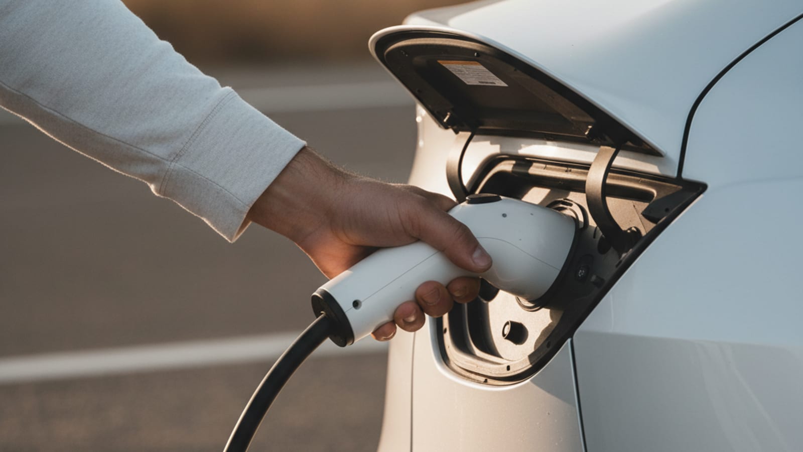 A driver at a sunny public EV stall holding a charge handle still locked in the port