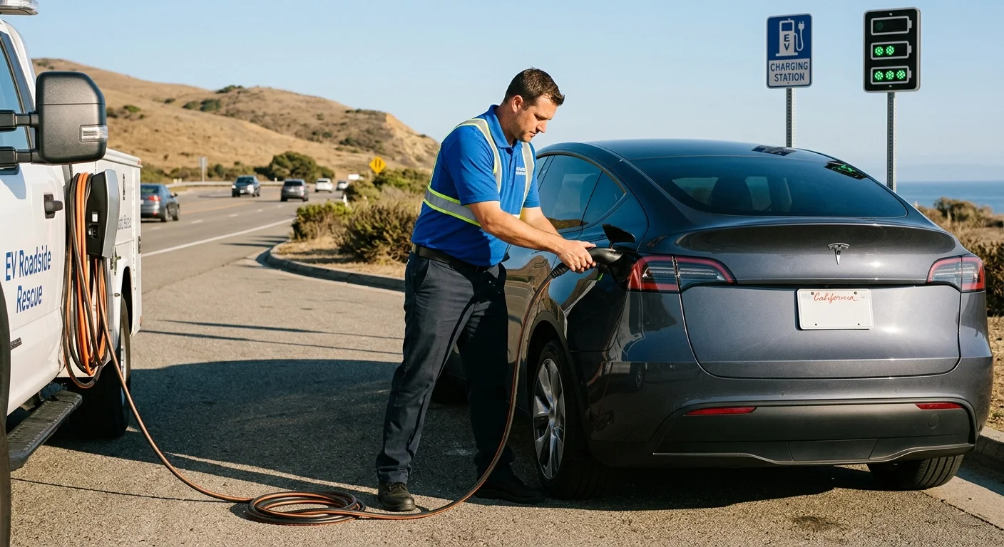 Parked electric car on a sunlit Southern California shoulder beside simple icons for Level 1, Level 2, and a charging truck
