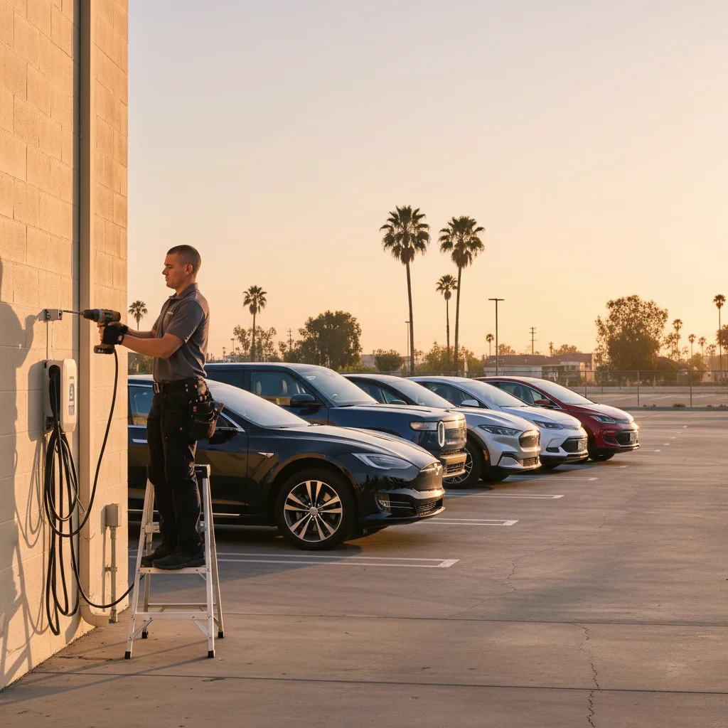 A mixed row of electric cars parked in a sunlit Southern California lot