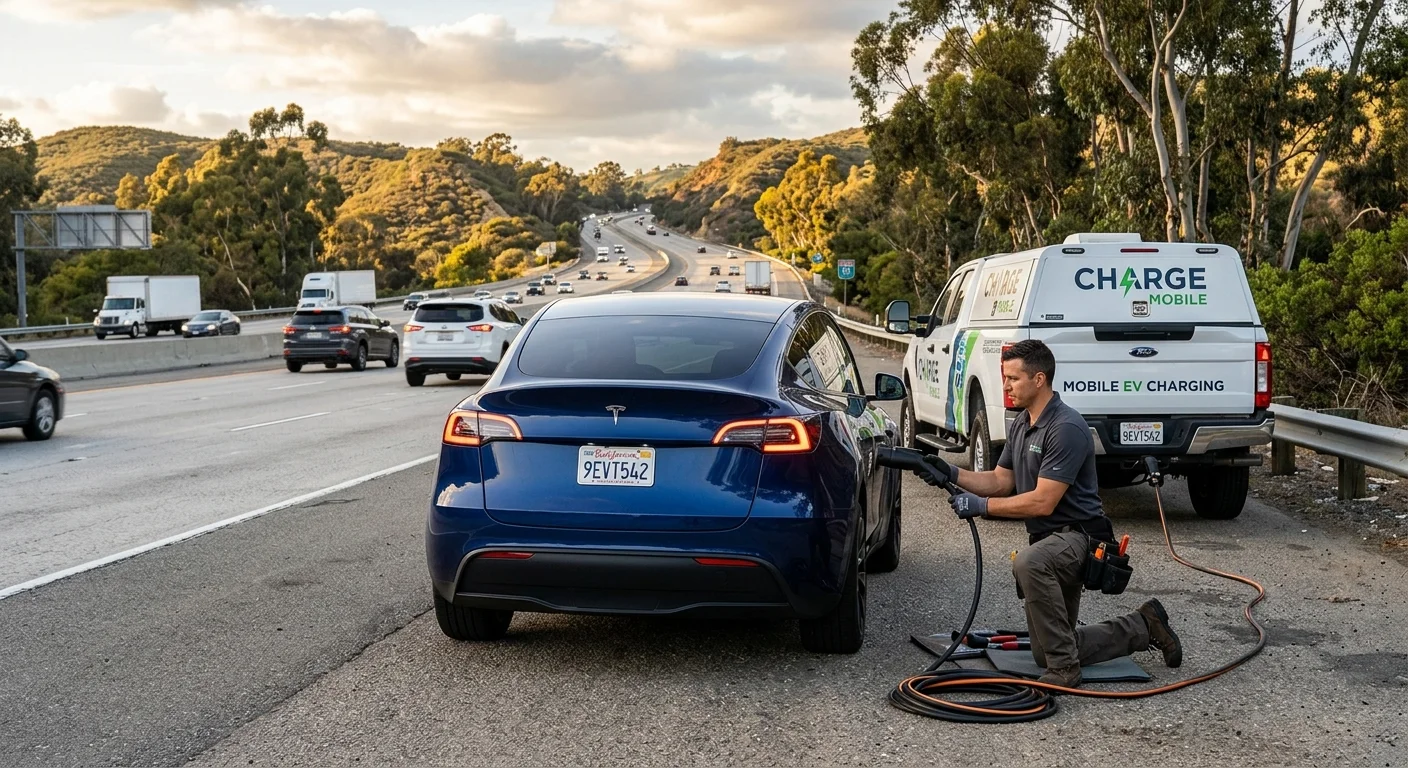 A Tesla Model Y stopped on a freeway shoulder beside eucalyptus trees