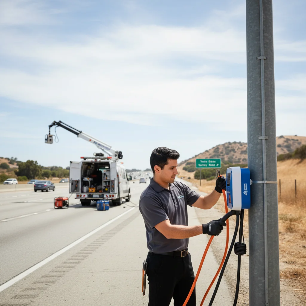 A white Tesla Model 3 stopped on a freeway shoulder with inland hills and dry grass behind it