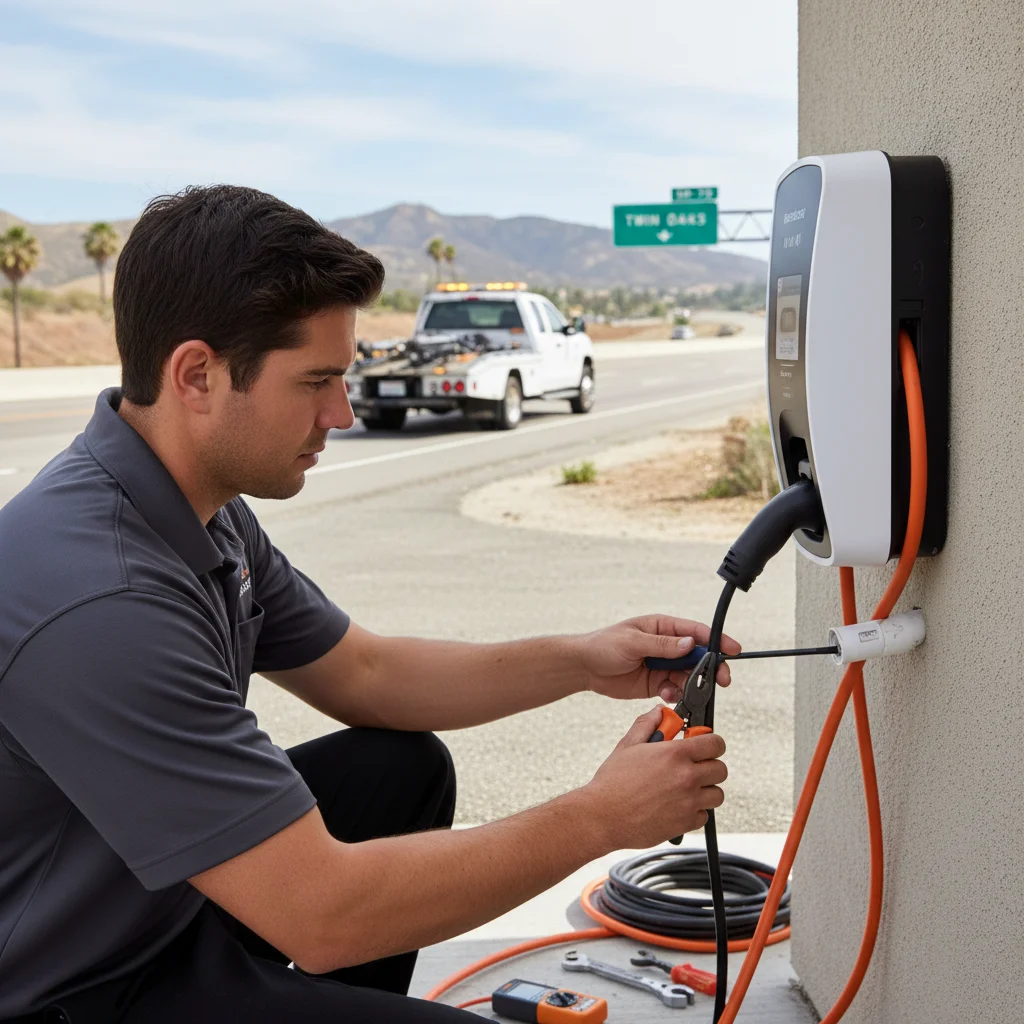 A technician plugging a portable charger into a silver crossover EV on a quiet residential street