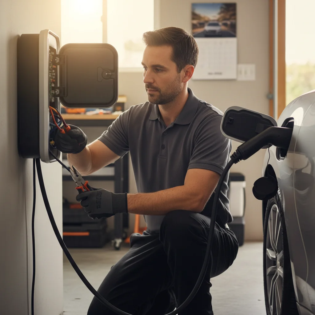 Charge cable plugged into an electric car at a curbside parking spot