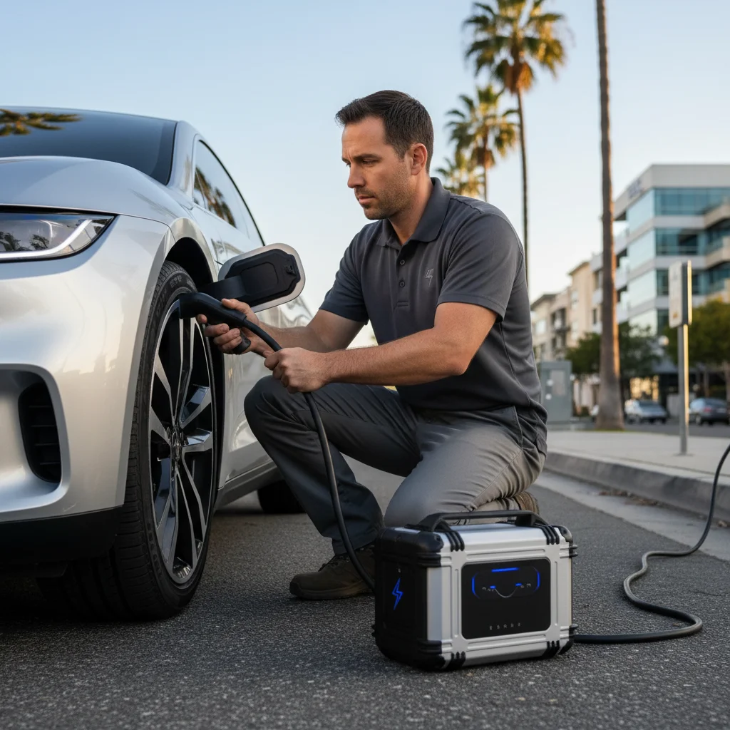 An electric car at a curb with a charging cable running from a work truck