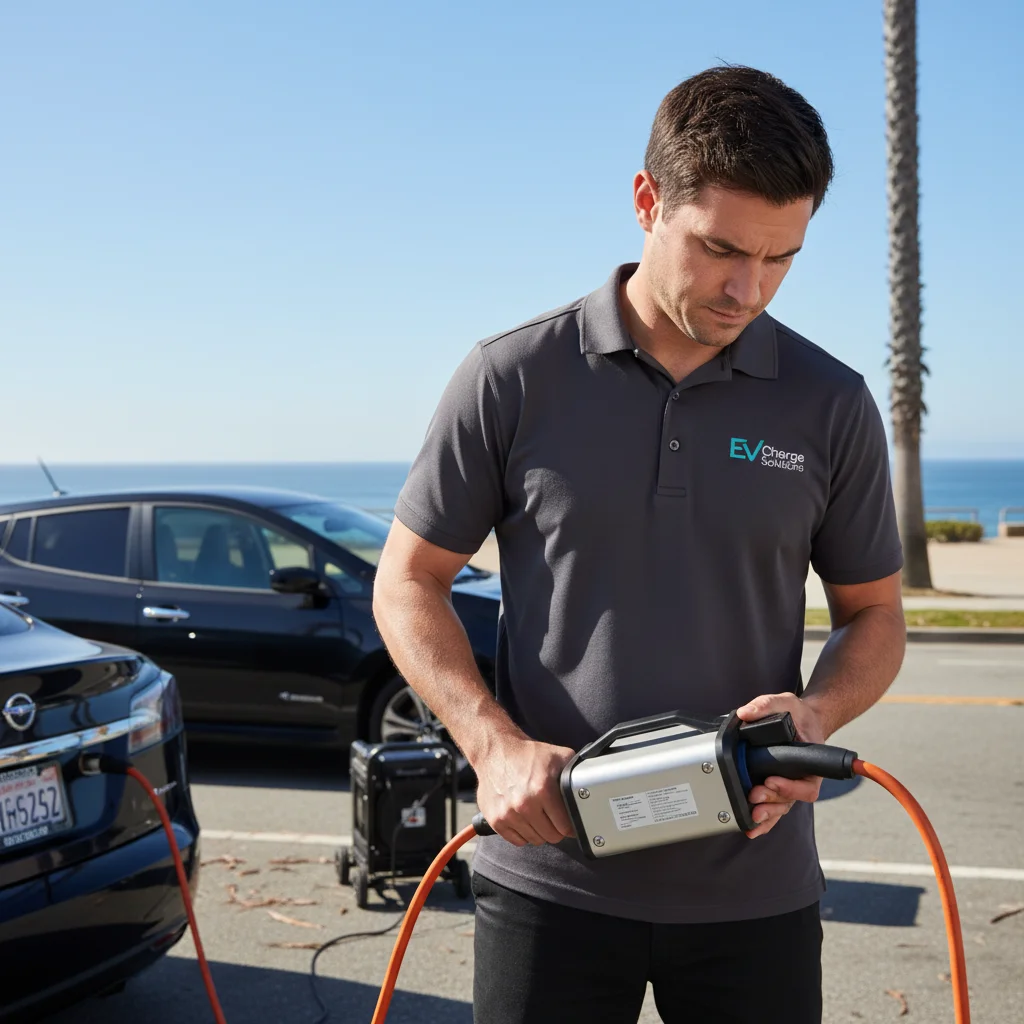 An electric car parked beside a palm-lined lot with a charging cable at the front fender