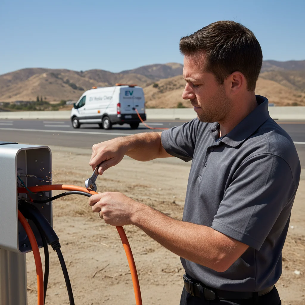 A technician connecting a charging cable to an electric car in a suburban driveway
