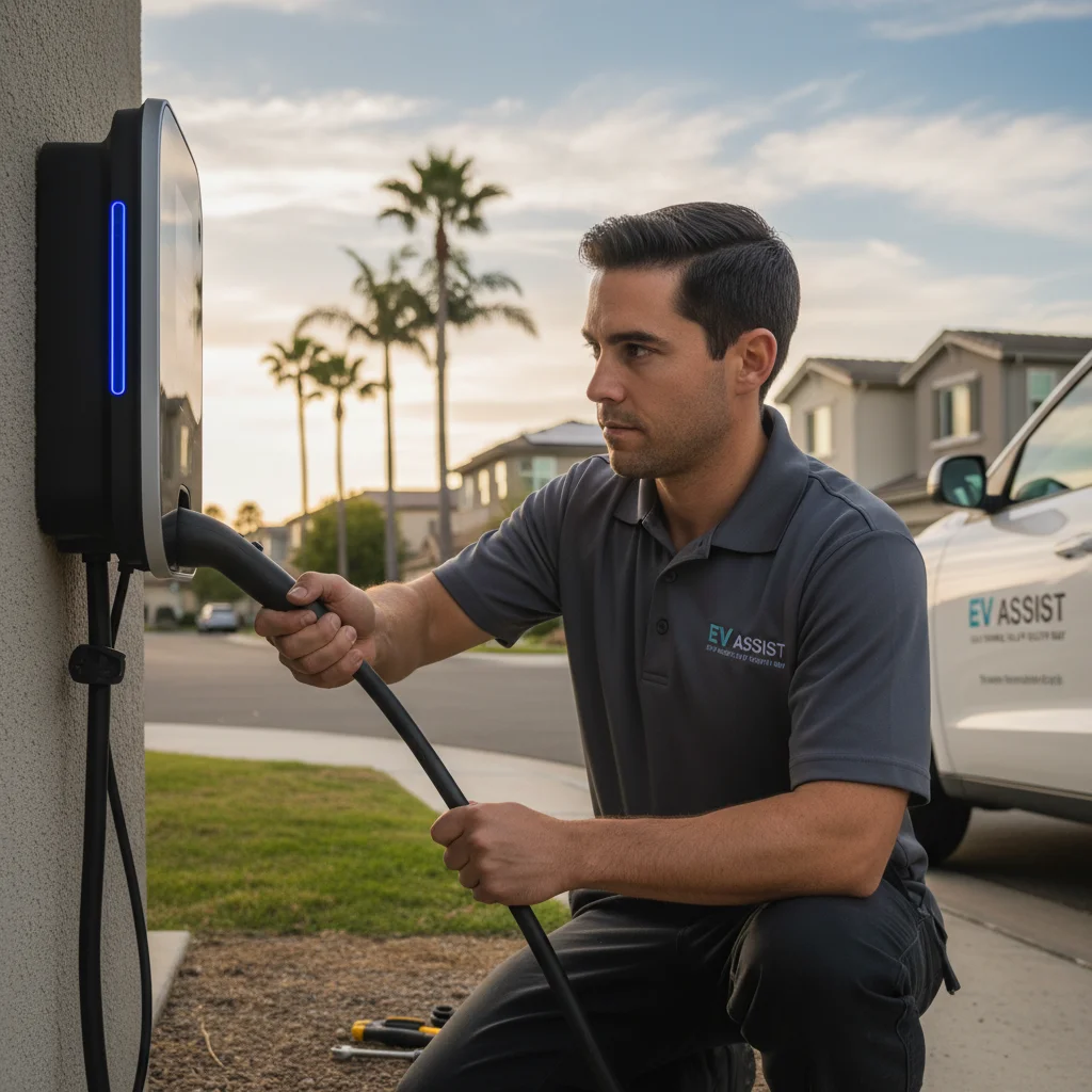 A technician plugging a CCS connector into a Hyundai Ioniq 5 on a residential street
