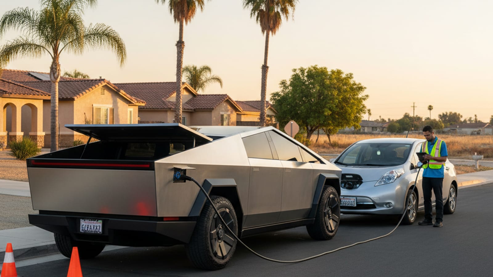 An electric car in a sunlit apartment carport with no open charging stall