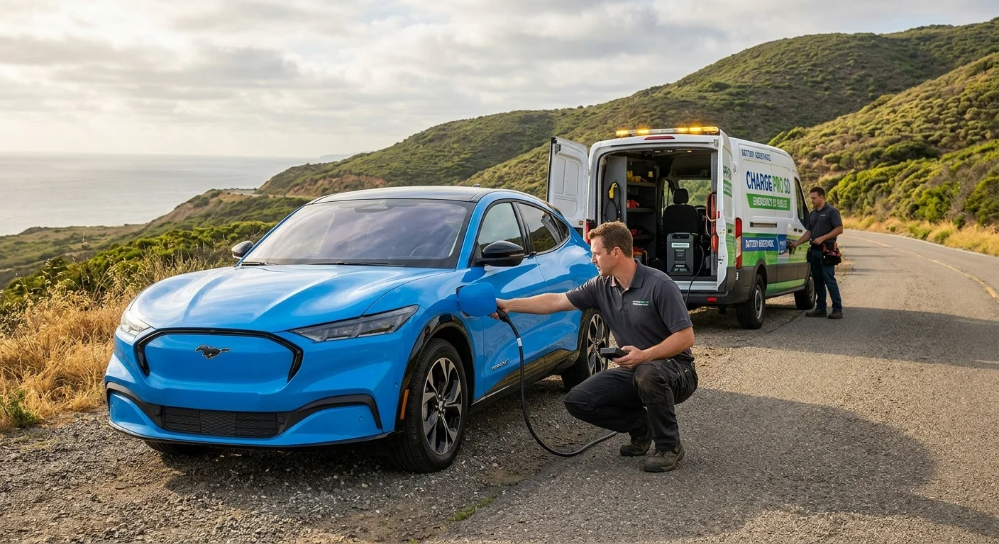 A non-Tesla electric crossover on a flat suburban shoulder with a charging connector at the port