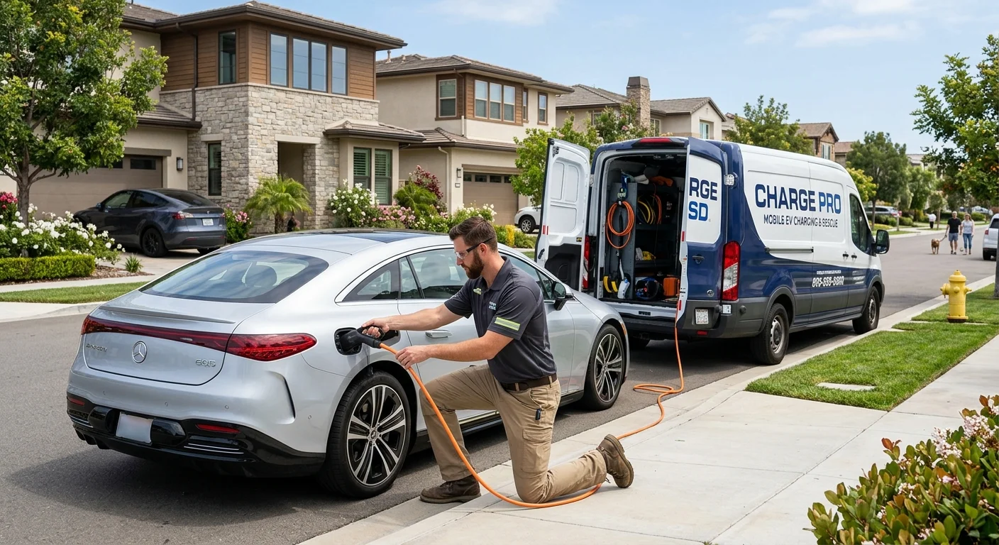 A mobile rescue truck charging an electric car beside a closed suburban garage