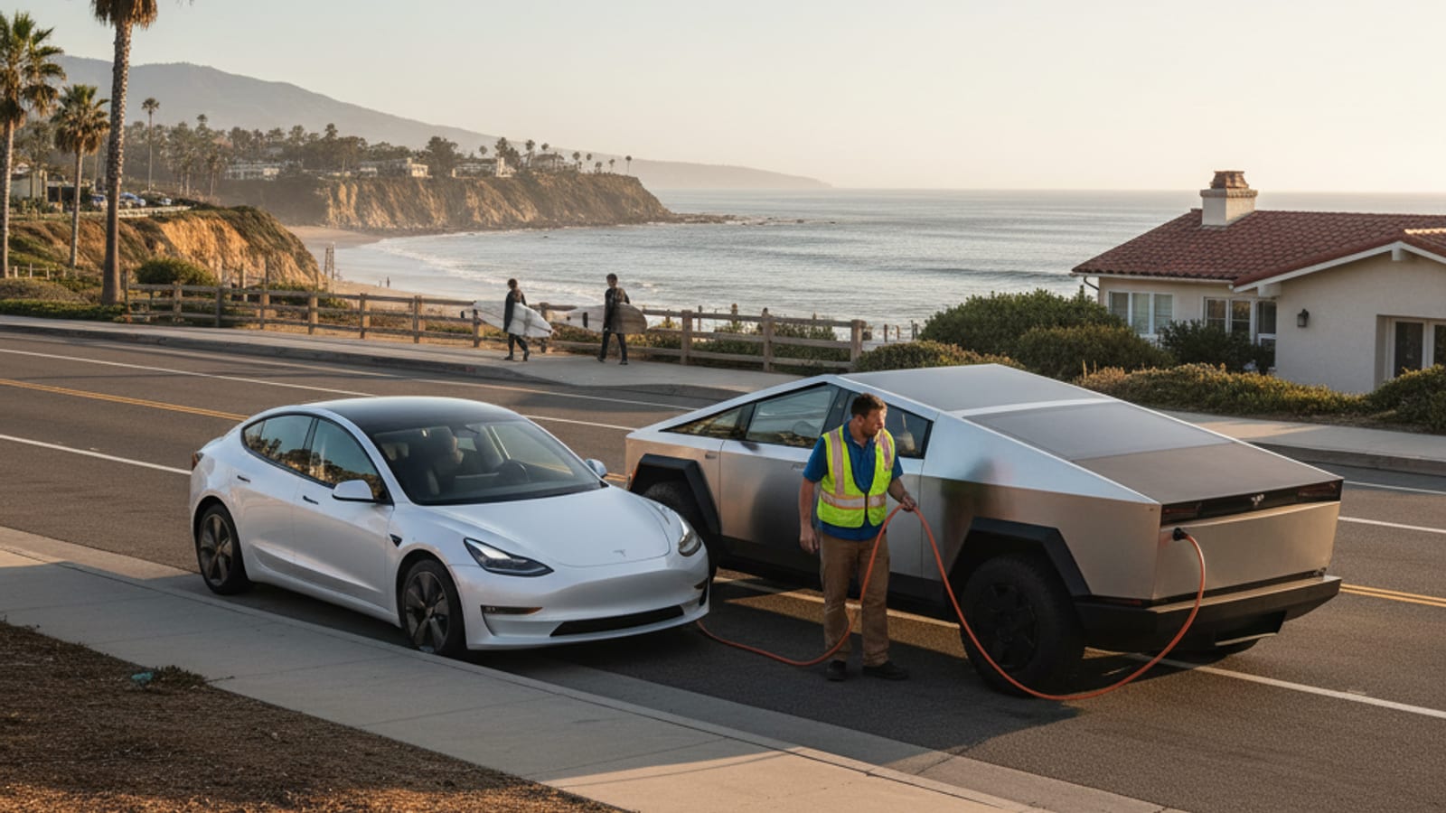 Coastal highway along bluffs with a slow line of cars under a clear sky