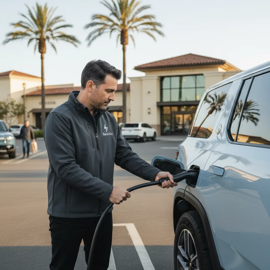 A technician in a dark jacket plugging a charge cable into an EV in a private driveway.