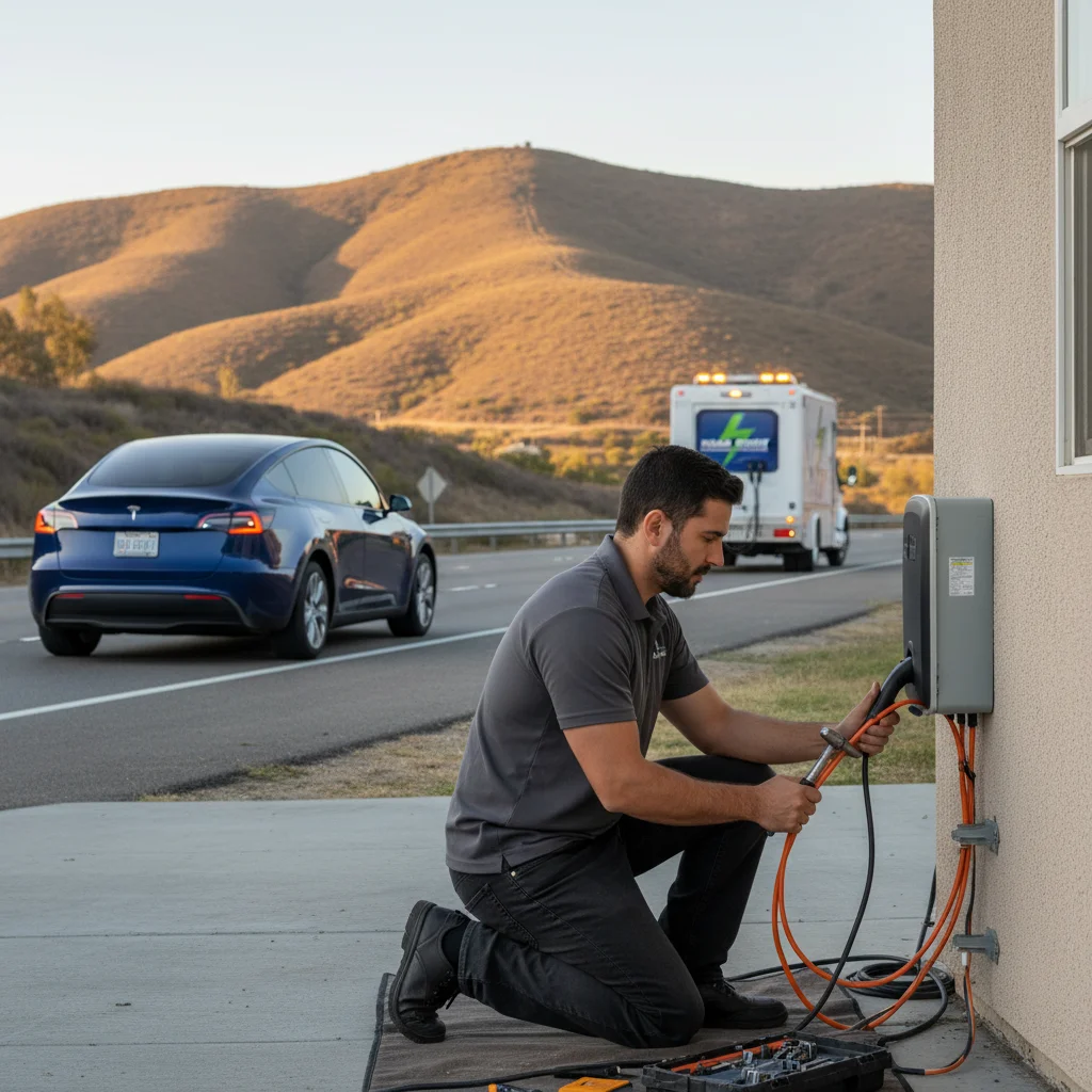 A white Tesla on a suburban roadside getting a Level 2 charge from a mobile rescue truck