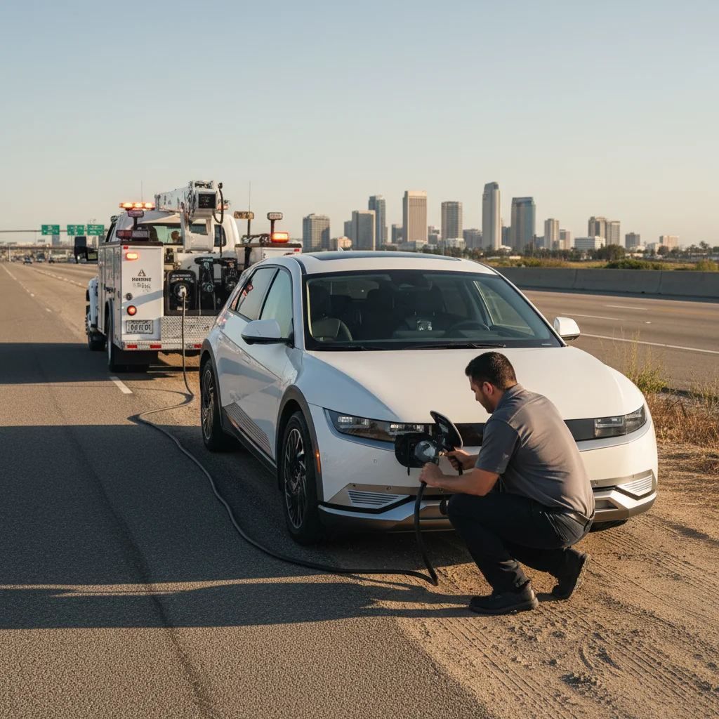 Electric SUV stopped on a freeway shoulder beside low warehouses under afternoon sun