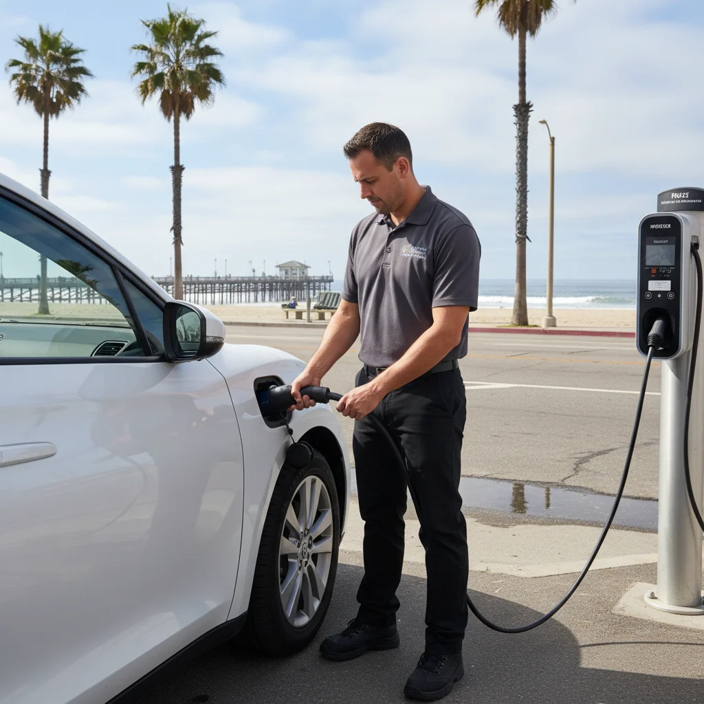 Technician connecting a mobile charger cable to an EV on a quiet residential street