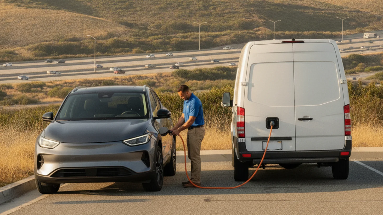 An electric vehicle parked on a freeway shoulder in Southern California