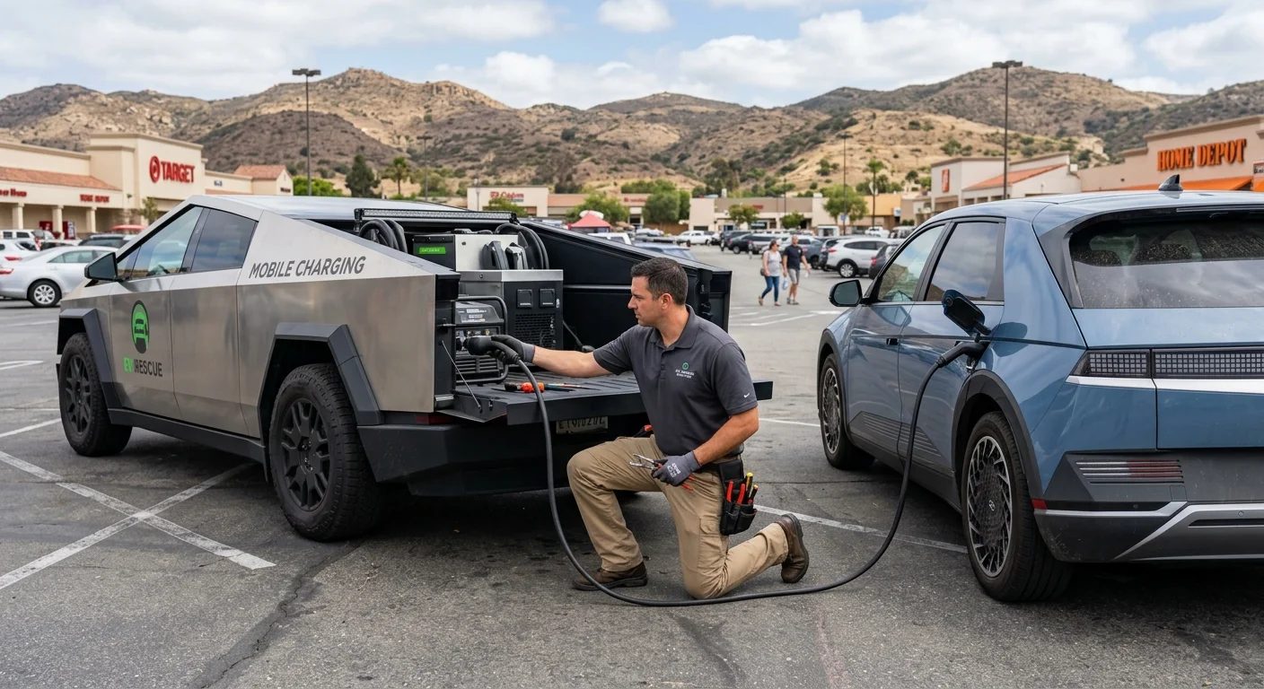 A mobile charging rig parked beside a stranded electric SUV in a shopping-center lot, inland hills behind it, daytime.