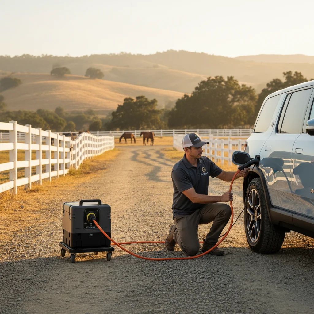 A technician plugging a portable charger into an electric SUV on a rural driveway with horse fencing