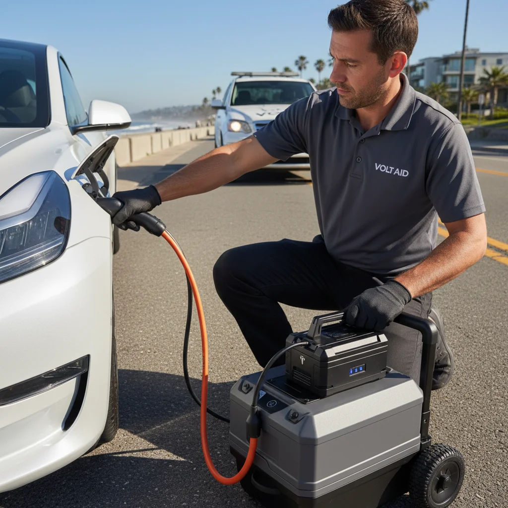 Pickup on a dry hillside shoulder with a charging cable running to a parked EV