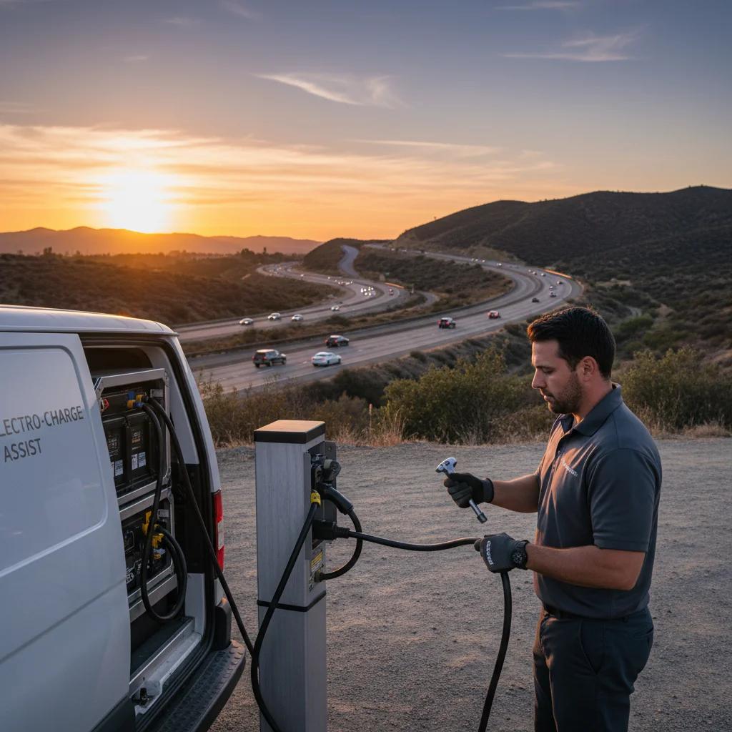 Electric car stopped on a Southern California freeway shoulder as a rescue truck approaches in daylight