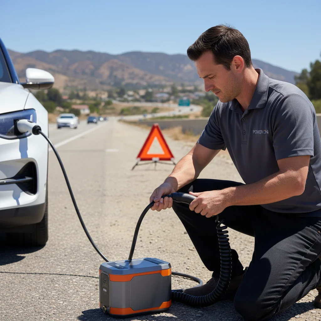 Technician connecting a portable charge cable to a parked EV at a curb in warm afternoon light