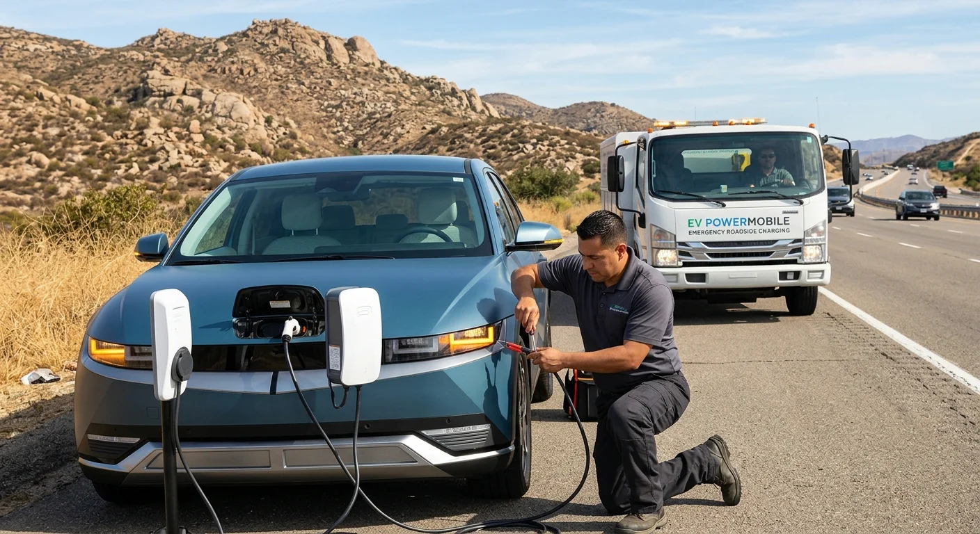 An electric SUV on a dry foothill shoulder as a mobile charging truck approaches