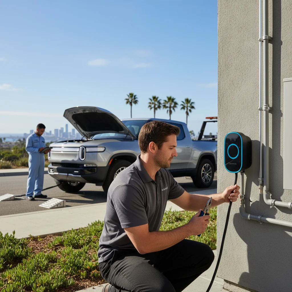 A blue Rivian pickup on a coastal shoulder with a mobile charger cable at the port