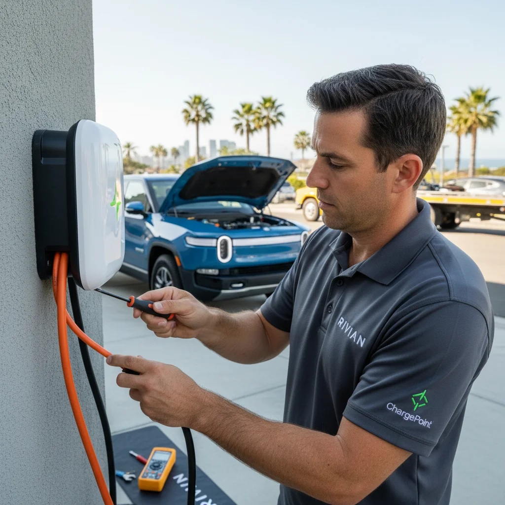 A CCS connector being seated in a Rivian pickup charge port