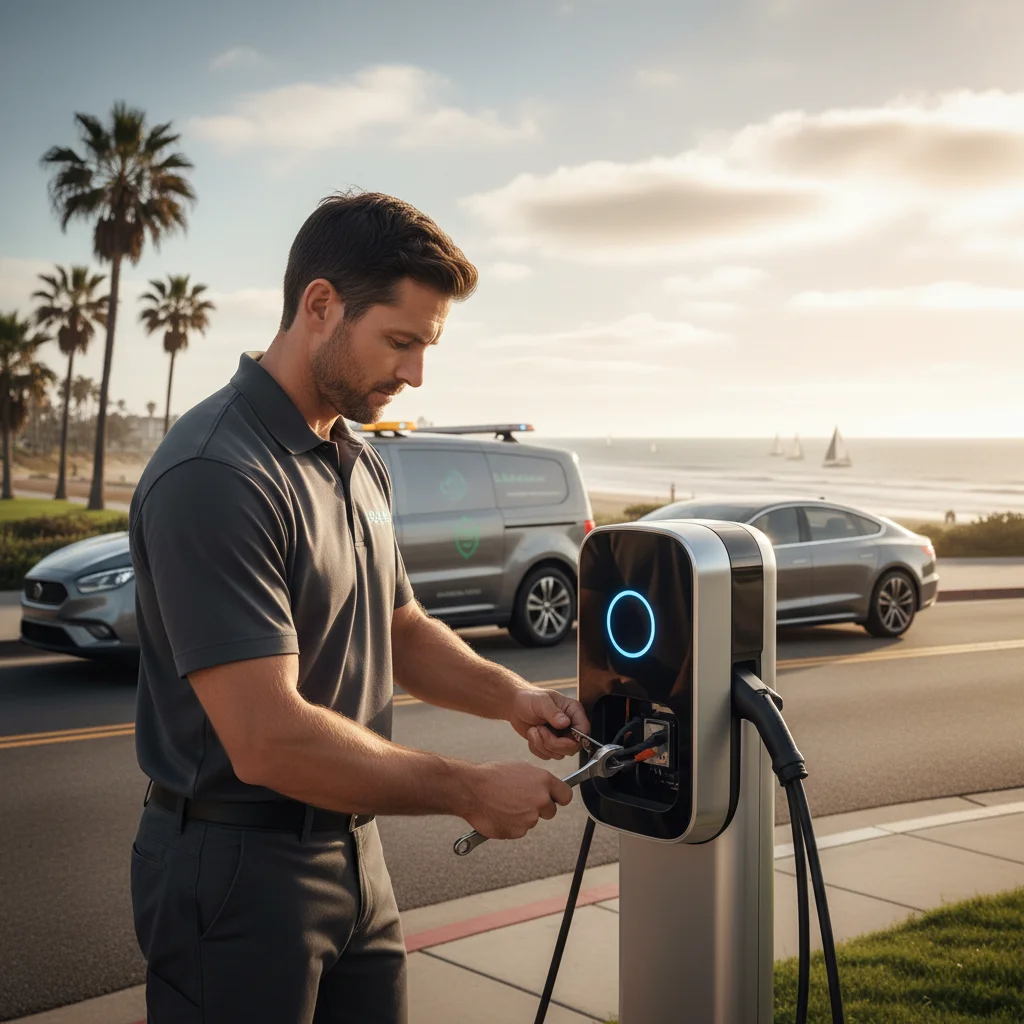 An electric SUV stopped on a flat suburban arterial as a charging truck pulls up behind it