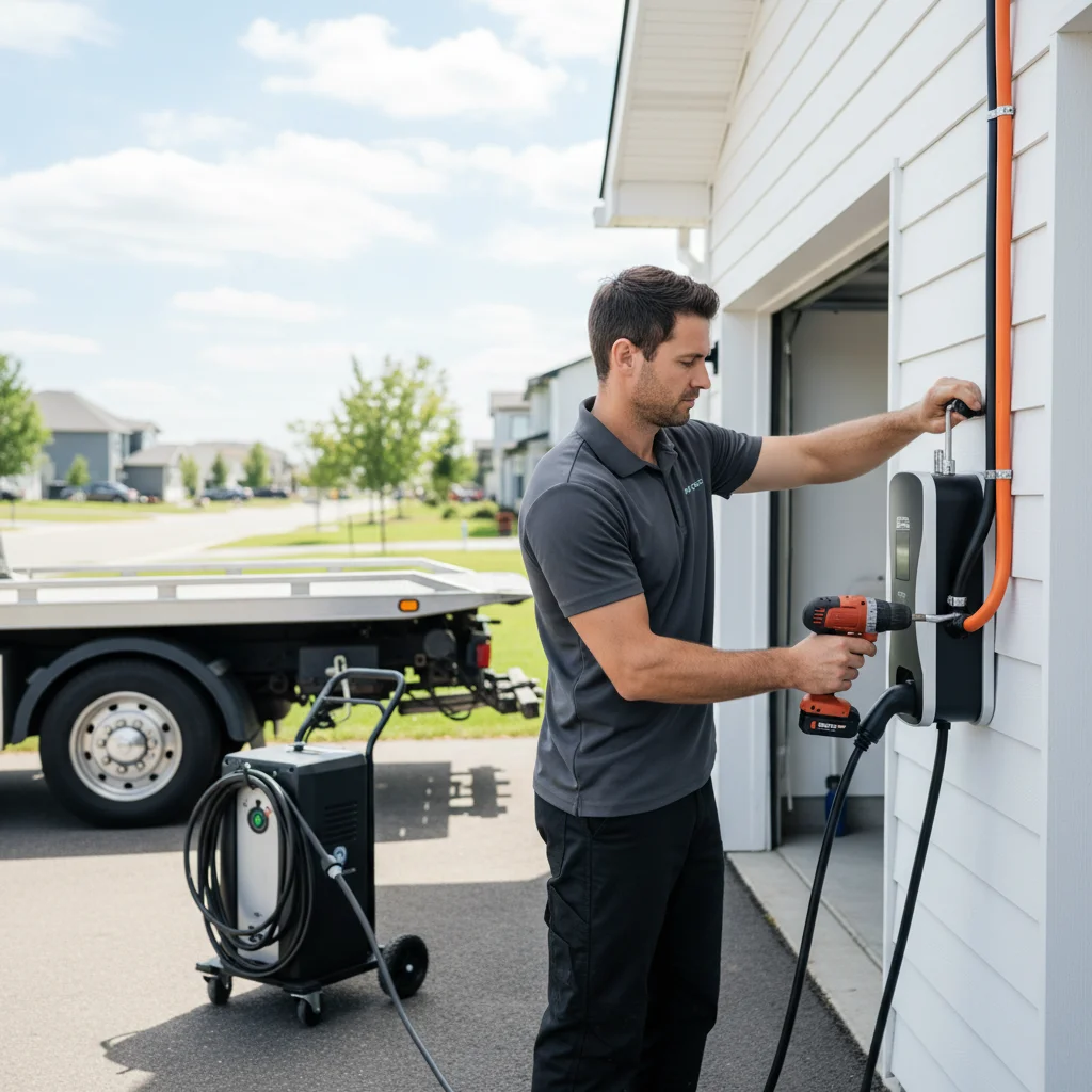 Phone showing a rideshare roadside app beside a mobile charging truck plugged into an EV